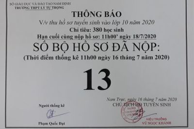 THÔNG BÁO VỀ SỐ LƯỢNG HỒ SƠ ĐÃ THU, BUỔI SÁNG NGÀY 16/7/2020.