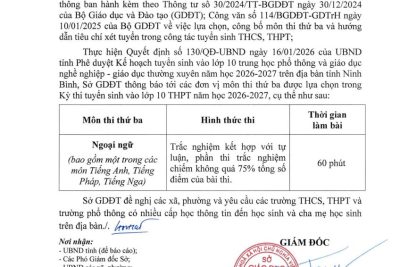 Thông báo môn thứ 3 tuyển sinh vào lớp 10 năm học 2026 -2027
